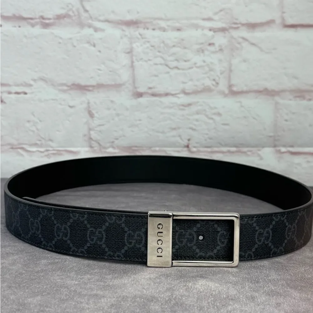 Gucci Black Gg Supreme Men's Belt Square Buckle 722370 90/38